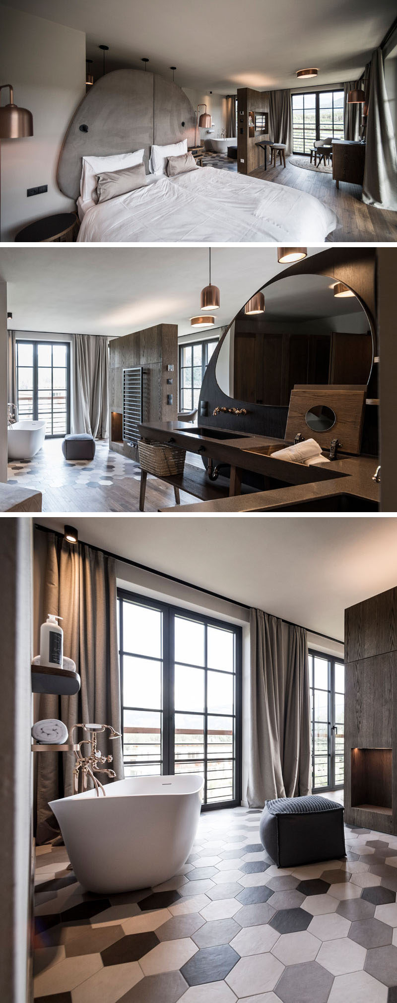 In this modern hotel room, a large curved headboard hides the bathroom vanity, and a wood partition creates a separate space for the small sitting area. The bathroom is designated by the used of hexagonal tiles and a freestanding bathtub has been positioned to take advantage of the lake views. #HotelDesign #HotelRoom #ModernHotel