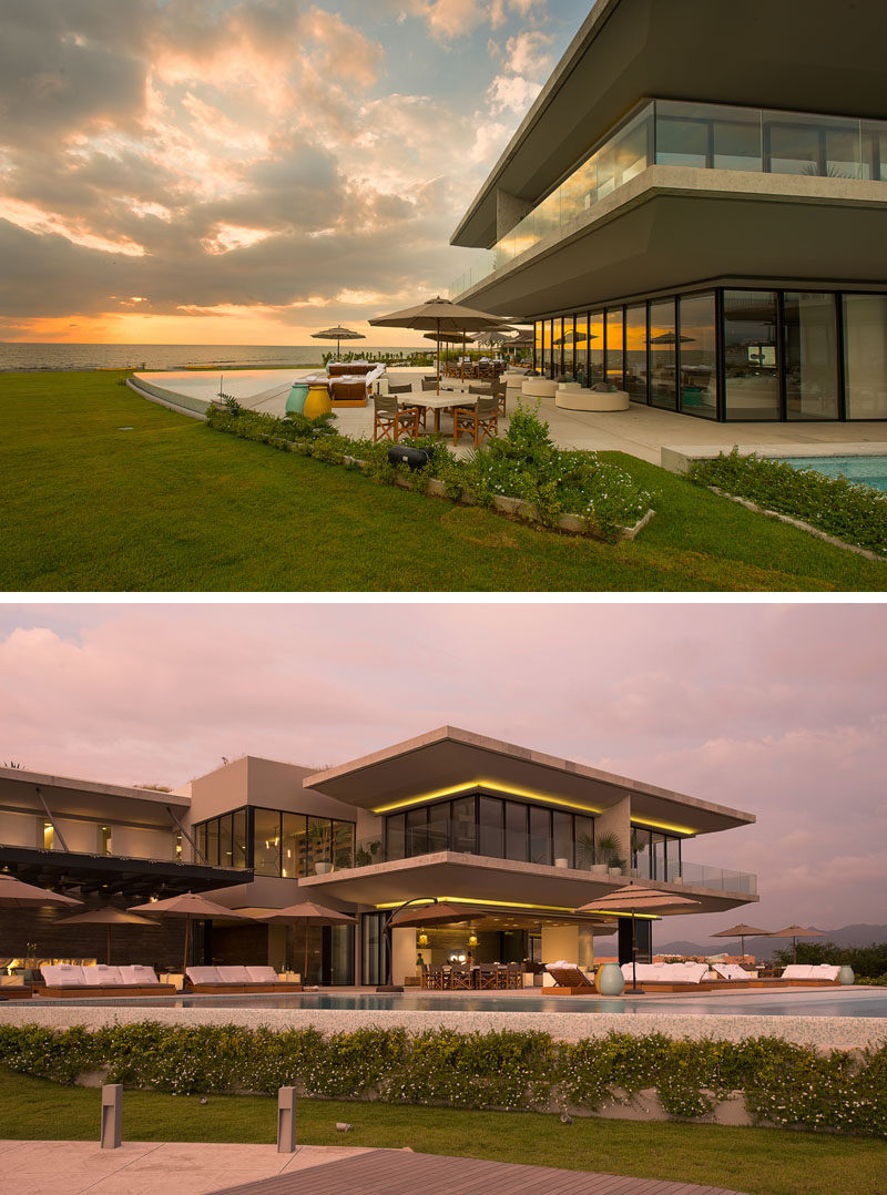 This modern house has various seating areas for relaxing, and when it gets too warm, there's swimming pools to cool off in. #ModernHouse #OutdoorSeating #SwimmingPool #Architecture