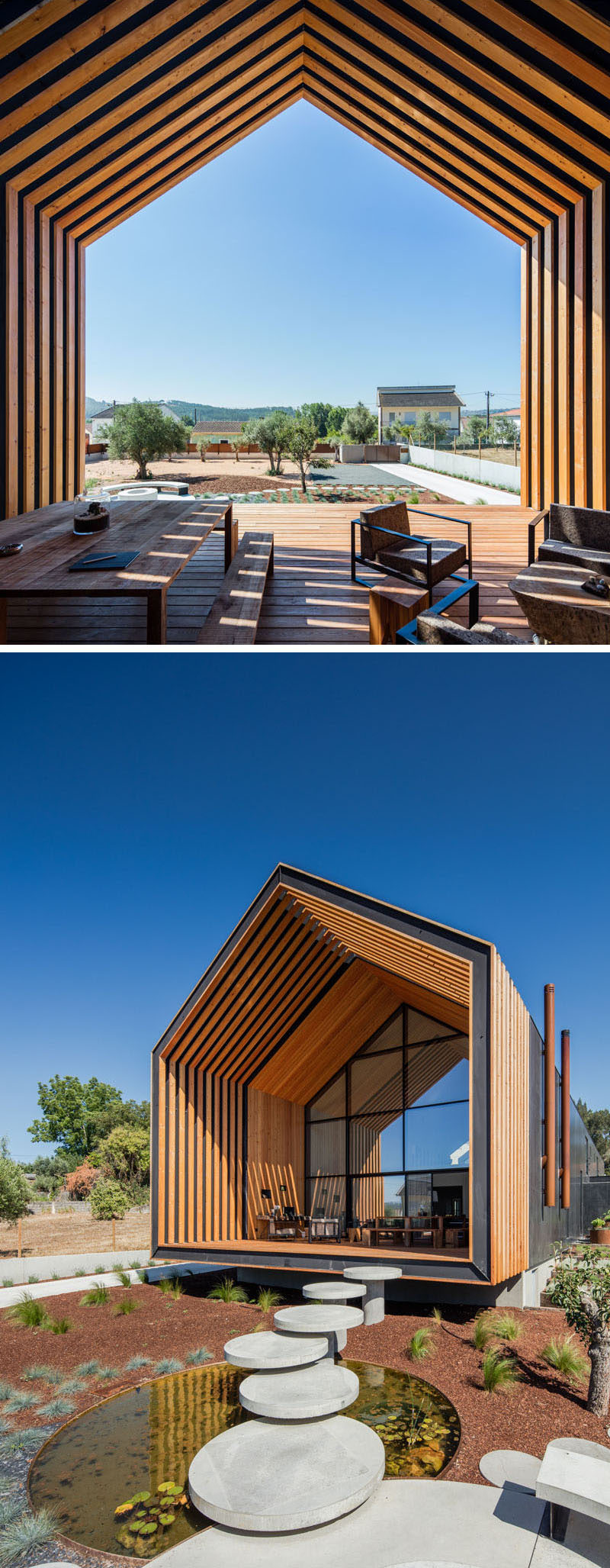 The deck of this modern house has views of the street and surrounding farmland, while a stepping stone path leads down to the front garden. #ModernHouse #Landscaping #Deck