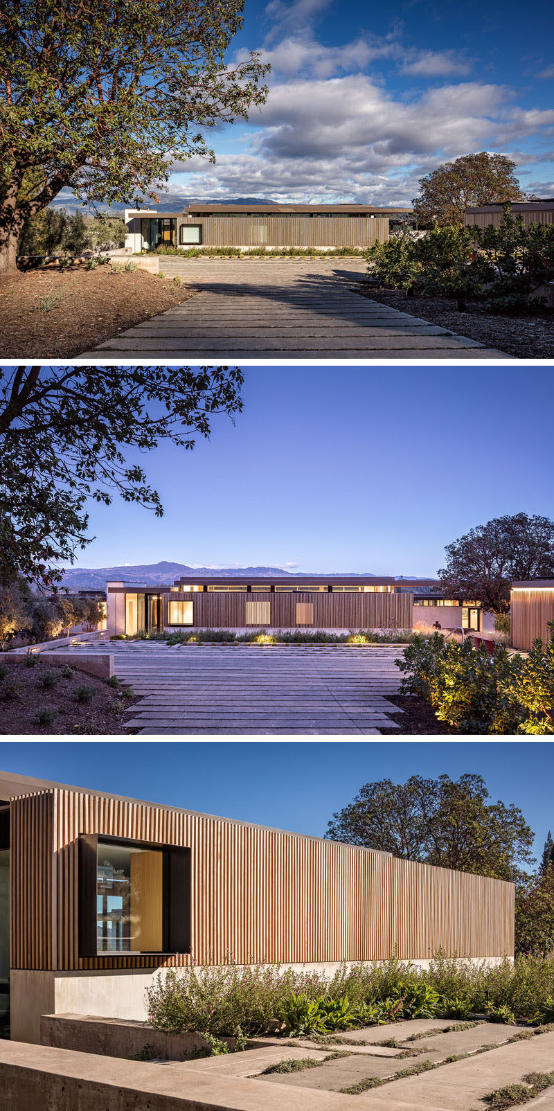 Upon arrival at this modern house, the driveway expands to the width of the house that's covered in wood slats with protruding window frames. #ModernHouse #Driveway #WoodFacade #Windows