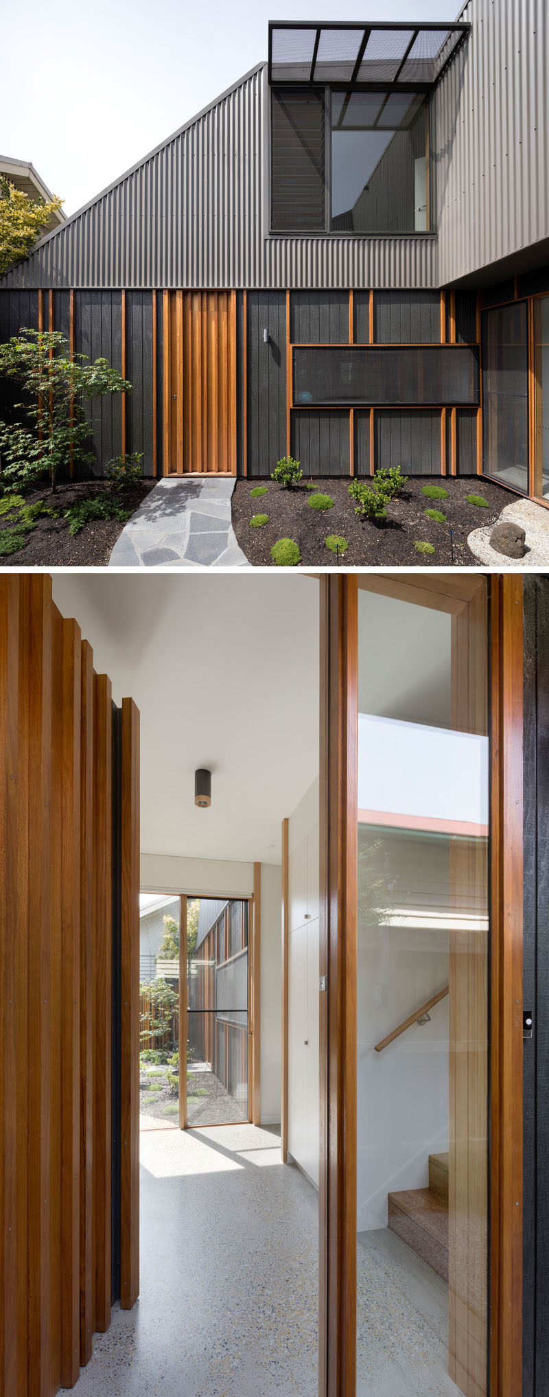 This modern house has hardwood battens that conceal joints in the cladding add texture to the facade, and allow the front door to blend in with the exterior. #ModernHouse #WoodFrontDoor #HouseDesign #Architecture