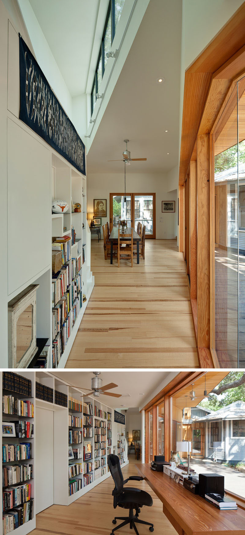 A wall of built-in bookshelves sits behind a wood desk to create a study area, and floor-to-ceiling windows allow for a view of the deck and garden. #HomeOffice #Study #InteriorDesign #Shelving #Bookshelf #DiningRoom