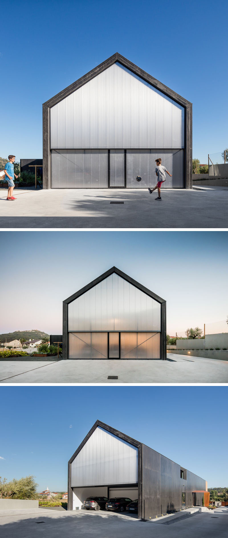 At the rear of this house, semi-transparent material finishes the house design, and when opened reveals the garage.