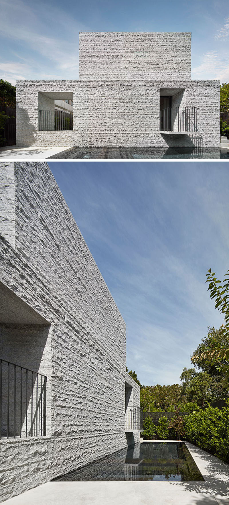 The granite on the exterior of this modern house has a split-faced finish that allows the home to have a textured when viewed from the outside. #Granite #SplitFacedGranite #GraniteHouse #ModernHouse