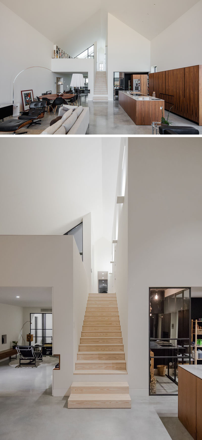 Connecting the social areas of this modern house with the bedrooms and other areas of the home is a simple wood staircase between white walls. #WoodStairs #ModernInteriorDesign