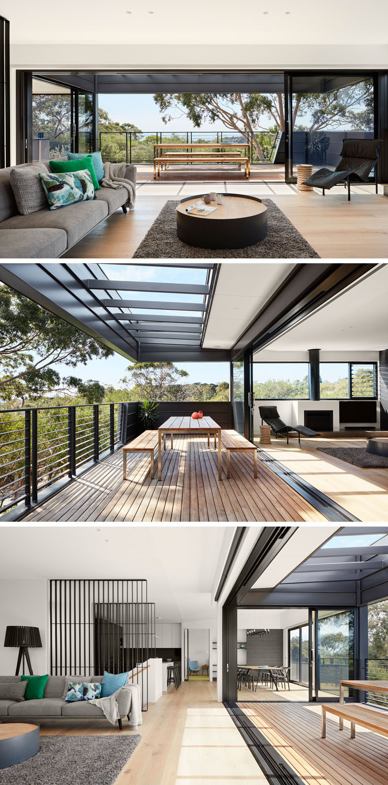 This modern living room has large sliding glass doors that open the space up to the balcony for an indoor / outdoor living experience. #LivingRoom #Balcony #OutdoorDining #ModernInteriorDesign