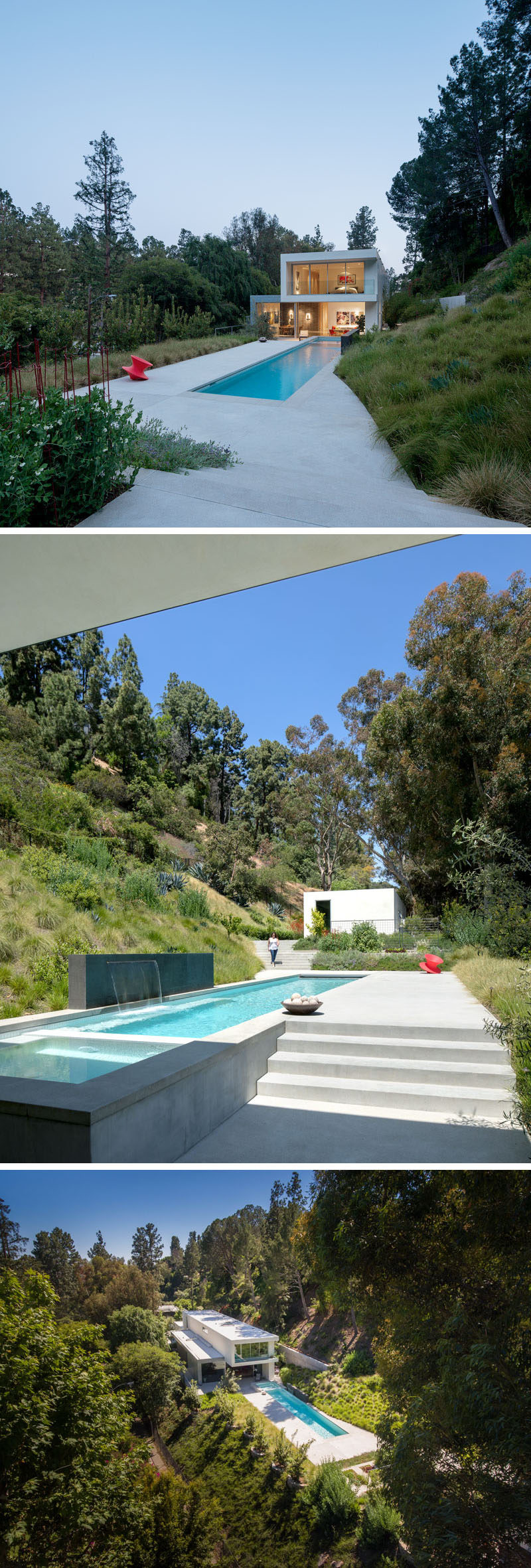 This modern house has a backyard that features a long and narrow swimming pool and a concrete patio surrounds it. At the end of the pool there's a small light-filled structure that doubles as a project studio and guest house. #SwimmingPool #LandscapeDesign #ModernHouse