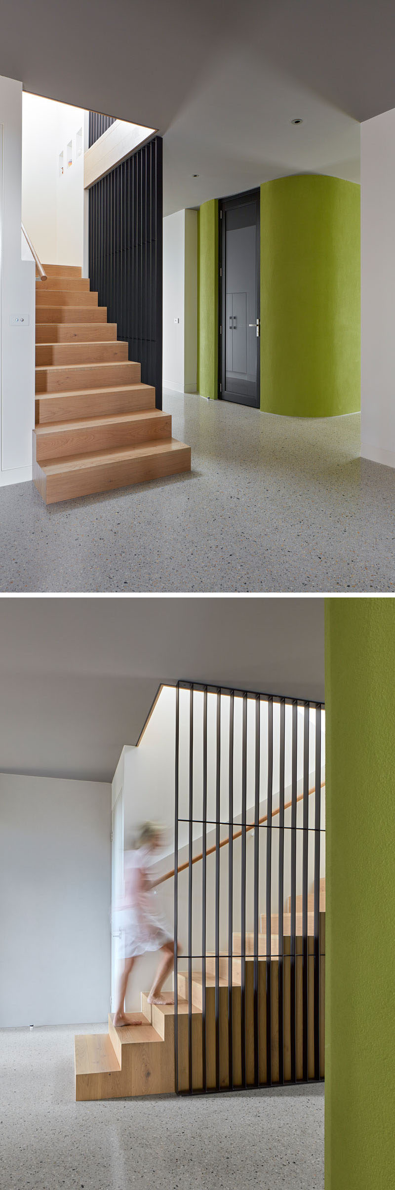 Inside this modern house, polished-concrete screed floors and charcoal colored ceilings create a contemporary appearance, while a lime green rendered cellar adds a pop of color. Light wood stairs lead up to the second floor of the home. #PolishedConcreteFloors #Flooring #WoodStairs #Stairs #Cellar