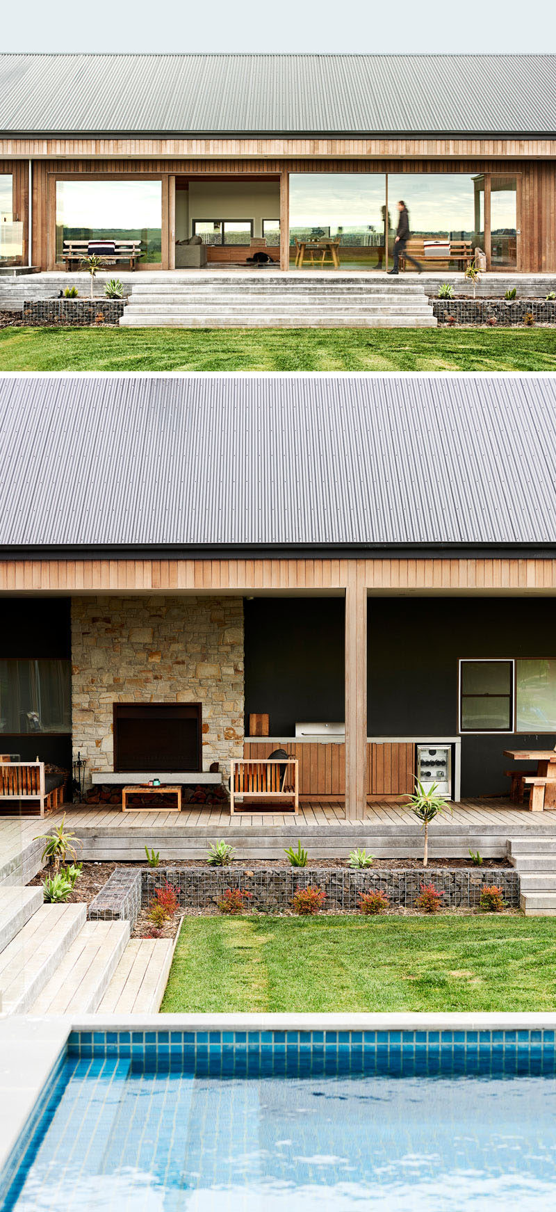 This modern house has a wrap-around deck that follows the shape of the house and allows for an outdoor living and kitchen area with a barbecue.