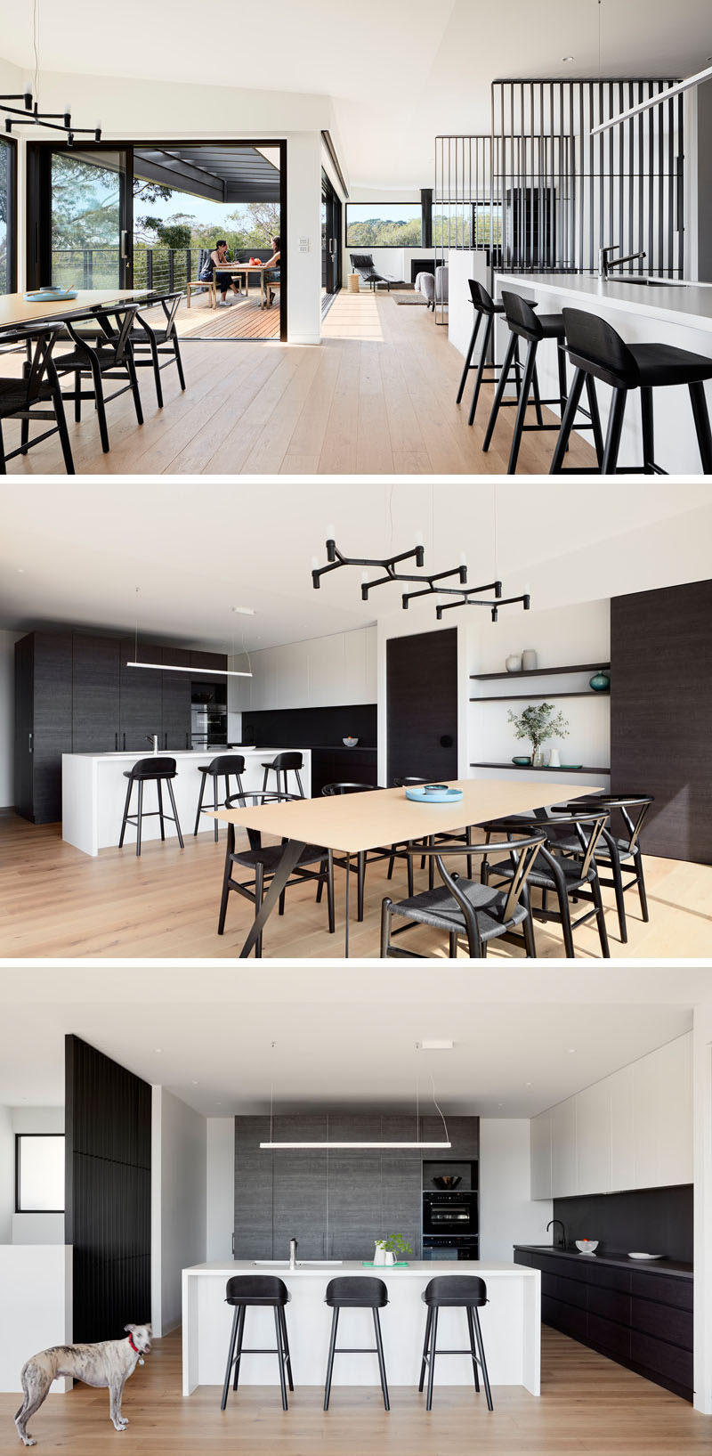 This modern kitchen has a large white island, while dark cabinetry compliments the other dark elements like the dining chairs, counter stools and shelving. #KitchenDesign #ModernKitchen #ModernDiningRoom #DarkCabinets