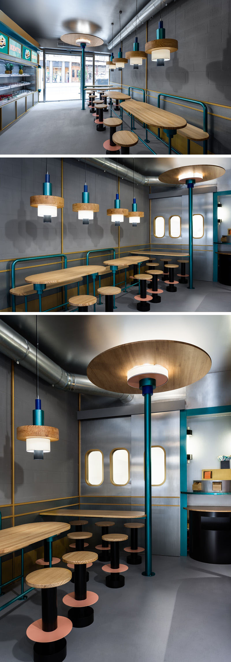 Design firm Masquespacio, has recently completed Kento, a takeaway sushi restaurant in Valencia, Spain. #ModernRestaurant #SushiRestaurant #RestaurantDesign