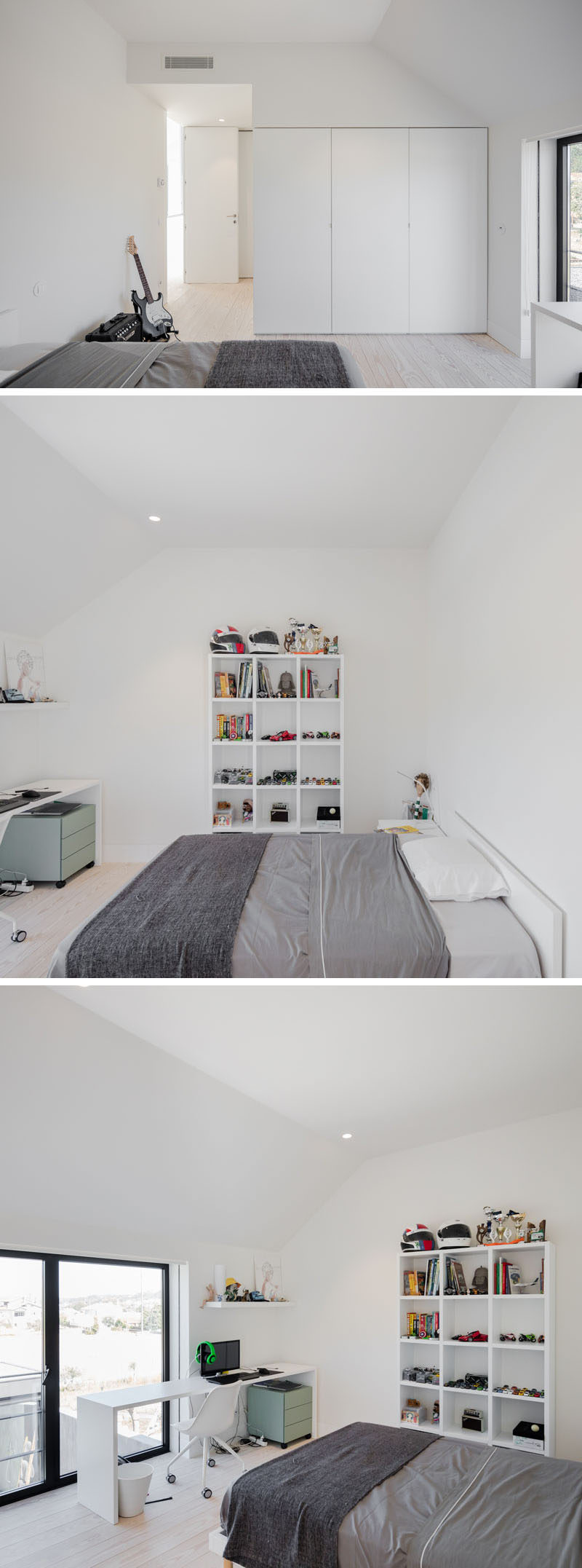 This modern kids bedroom has a minimalist white built-in wardrobe and simple shelving. The desk and bed have both been positioned to take advantage of the view from the windows. #KidsBedroom #ModernKidsBedroom #BedroomDesign