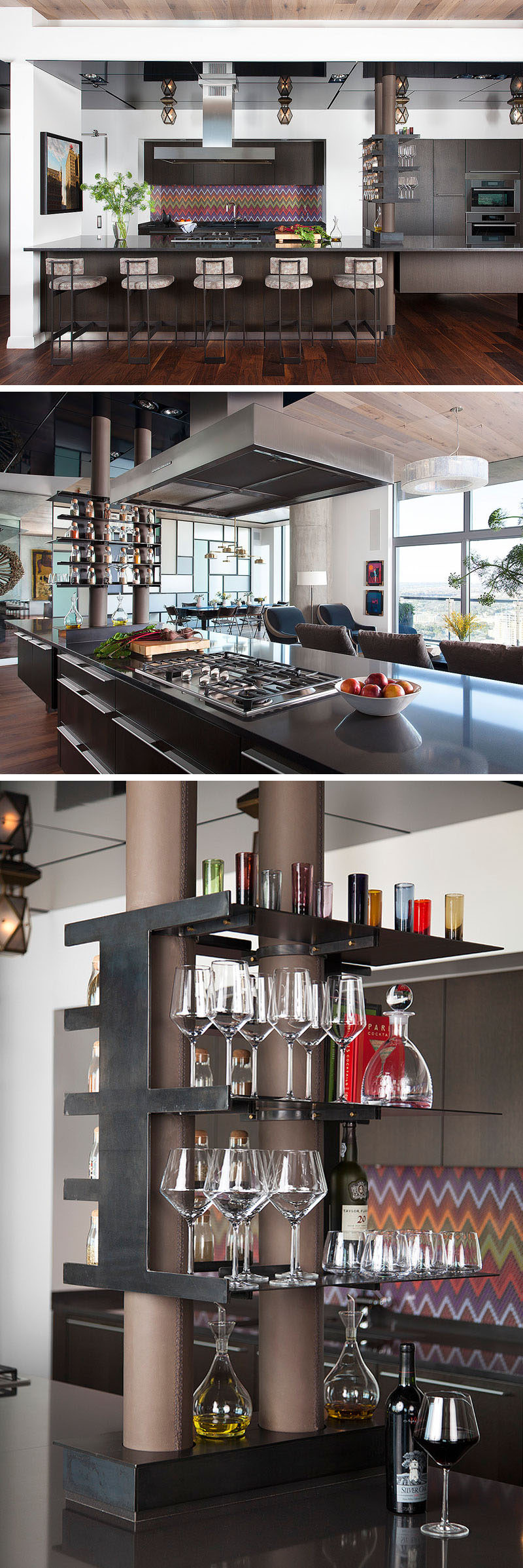 In this modern kitchen, a bright backsplash adds a touch of color, while exposed drainpipes have been wrapped in leather and are a on display as part of some open shelving. #KitchenDesign #InteriorDesign #OpenShelving