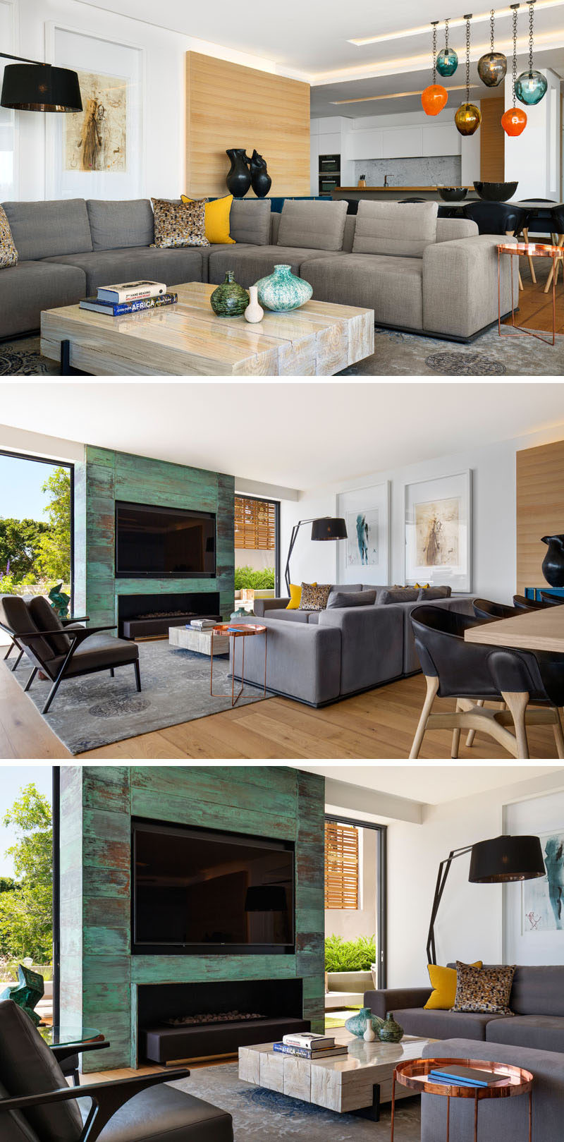 In this modern living area, the fireplace has been clad in oxidised copper paneling, creating a focal point for the space. #LivingRoom #Fireplace #Copper