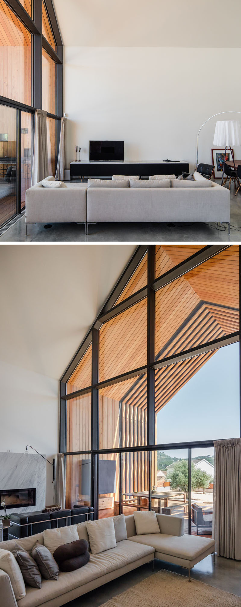 A large wall of windows floods this modern house with natural light. #Windows #ModernHouseDesign #LivingRoom