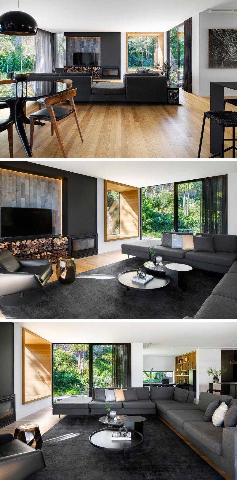 In this modern living room, there's a tiled accent wall behind the tv and below, is plenty of firewood storage for the fireplace that is next to it. There's also a wood-framed window seat and access to a small outdoor patio on the right. #WindowSeat #ModernLivingRoom #Fireplace