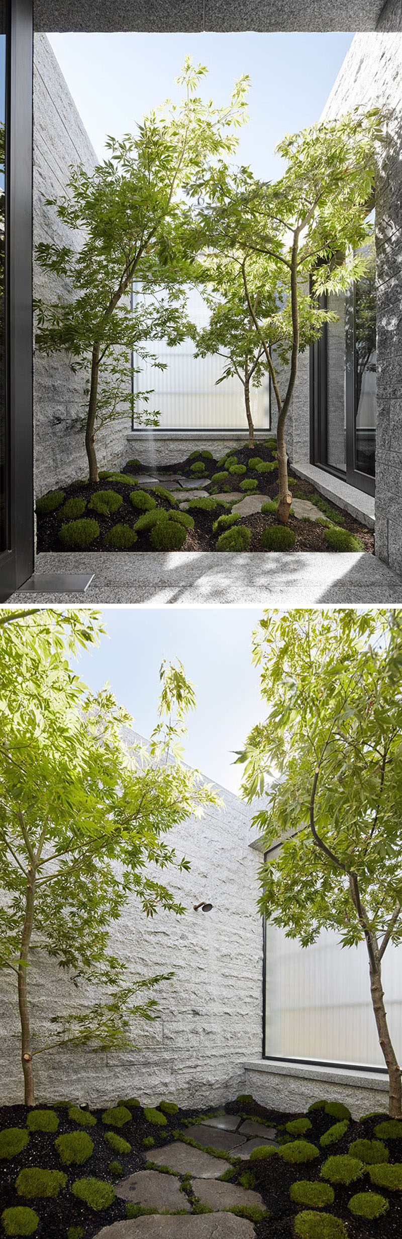 Granite and glass have been used to surround a private outdoor shower in a secluded Japanese garden that's connected to the master bedroom. #OutdoorShower #GraniteWalls #JapaneseGarden