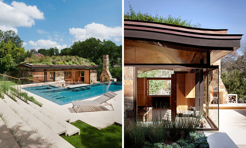 Murray Legge Architecture have designed a modern pool house, swimming pool, spa and terraced landscape for a home in Westlake Hills, Texas. #PoolHouse #GreenRoof #SwimmingPool #Landscaping