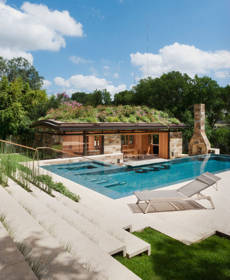 Murray Legge Architecture have designed a modern pool house, swimming pool, spa and terraced landscape for a home in Westlake Hills, Texas. #PoolHouse #GreenRoof #SwimmingPool #Landscaping