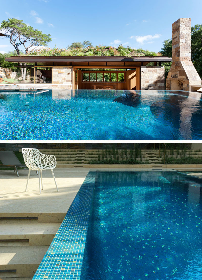 Murray Legge Architecture have designed a modern pool house, swimming pool, spa and terraced landscape for a home in Westlake Hills, Texas. #PoolHouse #GreenRoof #SwimmingPool #Landscaping