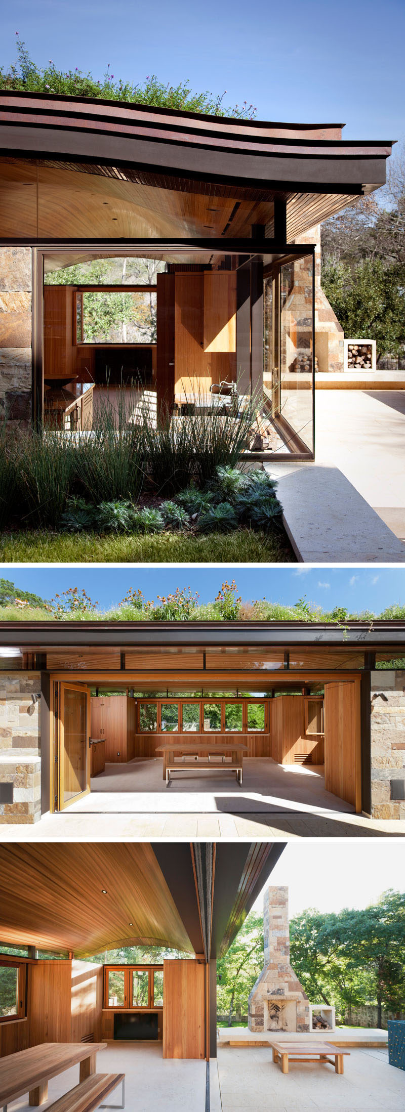 This modern pool house with a curved green roof is home to an indoor-outdoor dining area complete with a high-end residential kitchen, while outside, there's a fireplace for cool nights. #PoolHouse #Fireplace #IndoorOutdoorDining