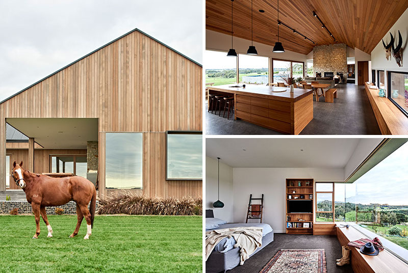 Dan Gayfer Design have recently completed a modern ranch-inspired house that features a large stone fireplace, wood cathedral ceiling and a wrap-around deck with a swimming pool. #ModernHouse #Architecture