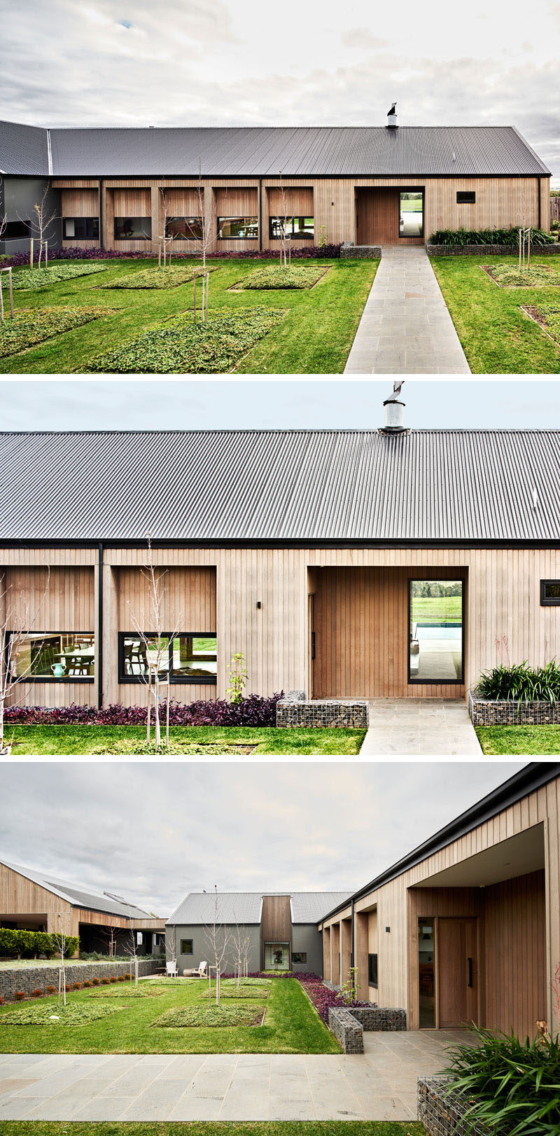 Upon arriving at this modern ranch-inspired house, there's a path that leads you to the front door, while a garden has planted trees and small gabion walls. #ModernHouse #Landscaping