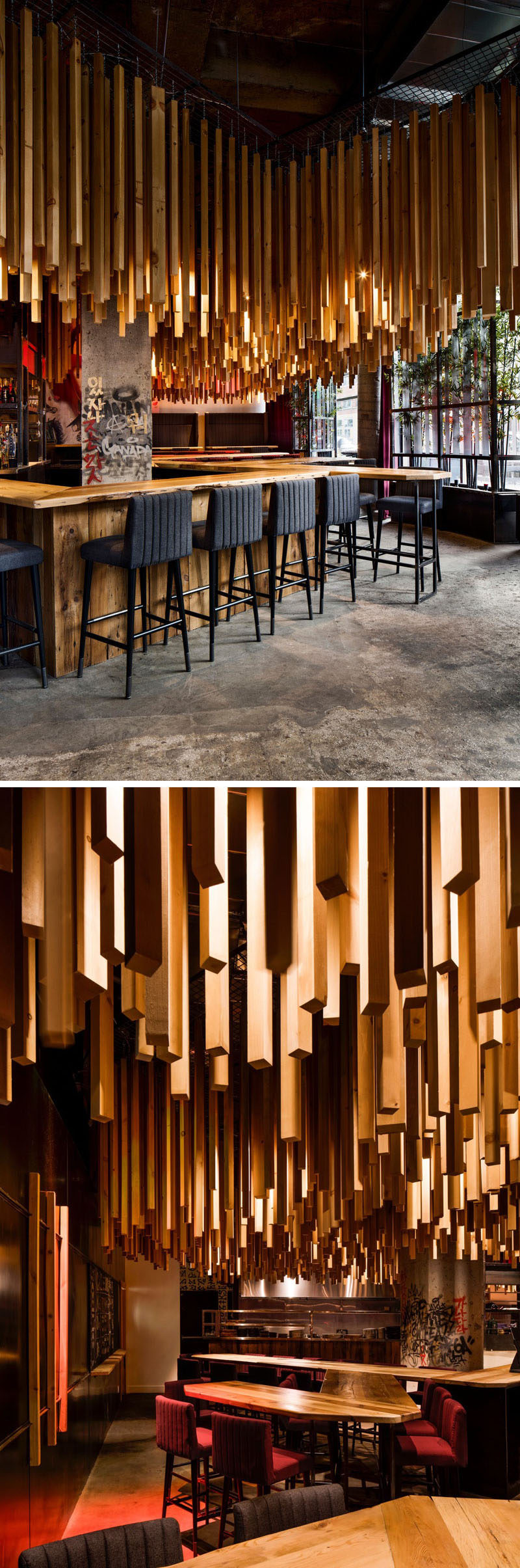 Design firm Jean de Lessard - Designers Créatifs have recently completed Ganadara, a new restaurant in Montreal, Canada, that features 2,700 wood lengths that hang from the ceiling. #RestaurantDesign #Wood #WoodCeiling #ModernRestaurant