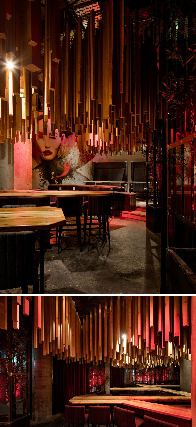 Design firm Jean de Lessard - Designers Créatifs have recently completed Ganadara, a new restaurant in Montreal, Canada, that features 2,700 wood lengths that hang from the ceiling. #RestaurantDesign #Wood #WoodCeiling #ModernRestaurant