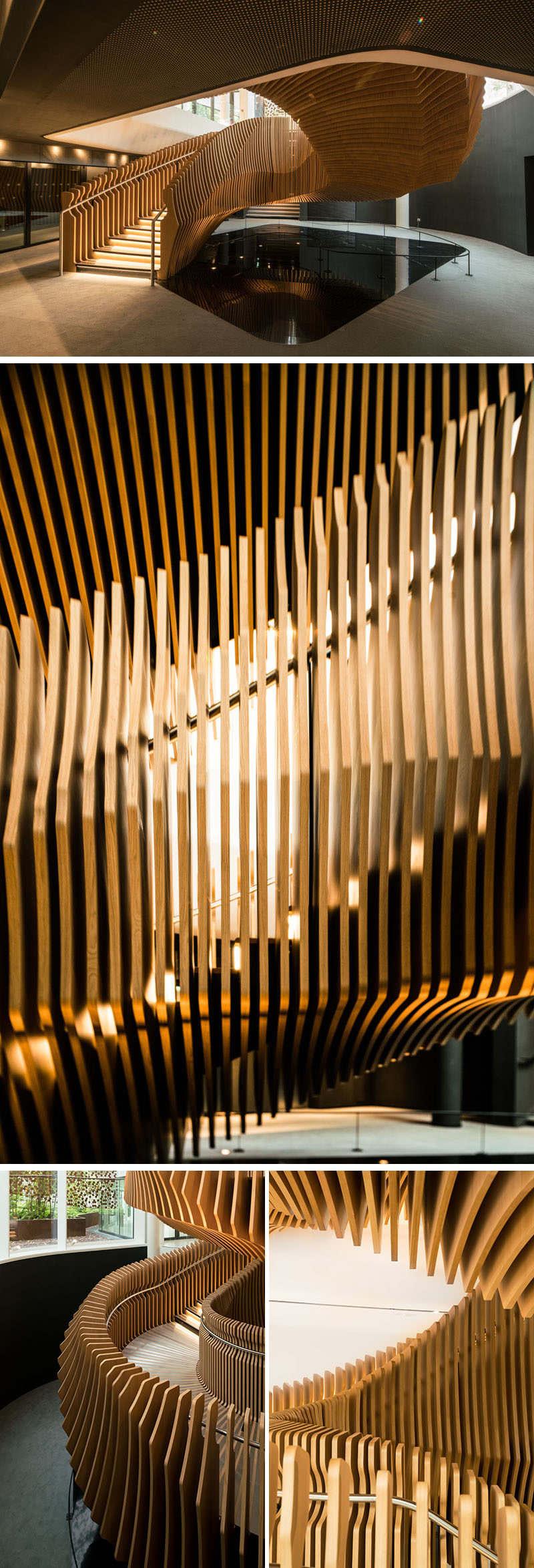 This large, sculptural, snake-like, wood staircase was installed in a new office building in France to connect the four floors of the building. #WoodStairs #SculpturalStairs #StairDesign #OfficeDesign #Stairs