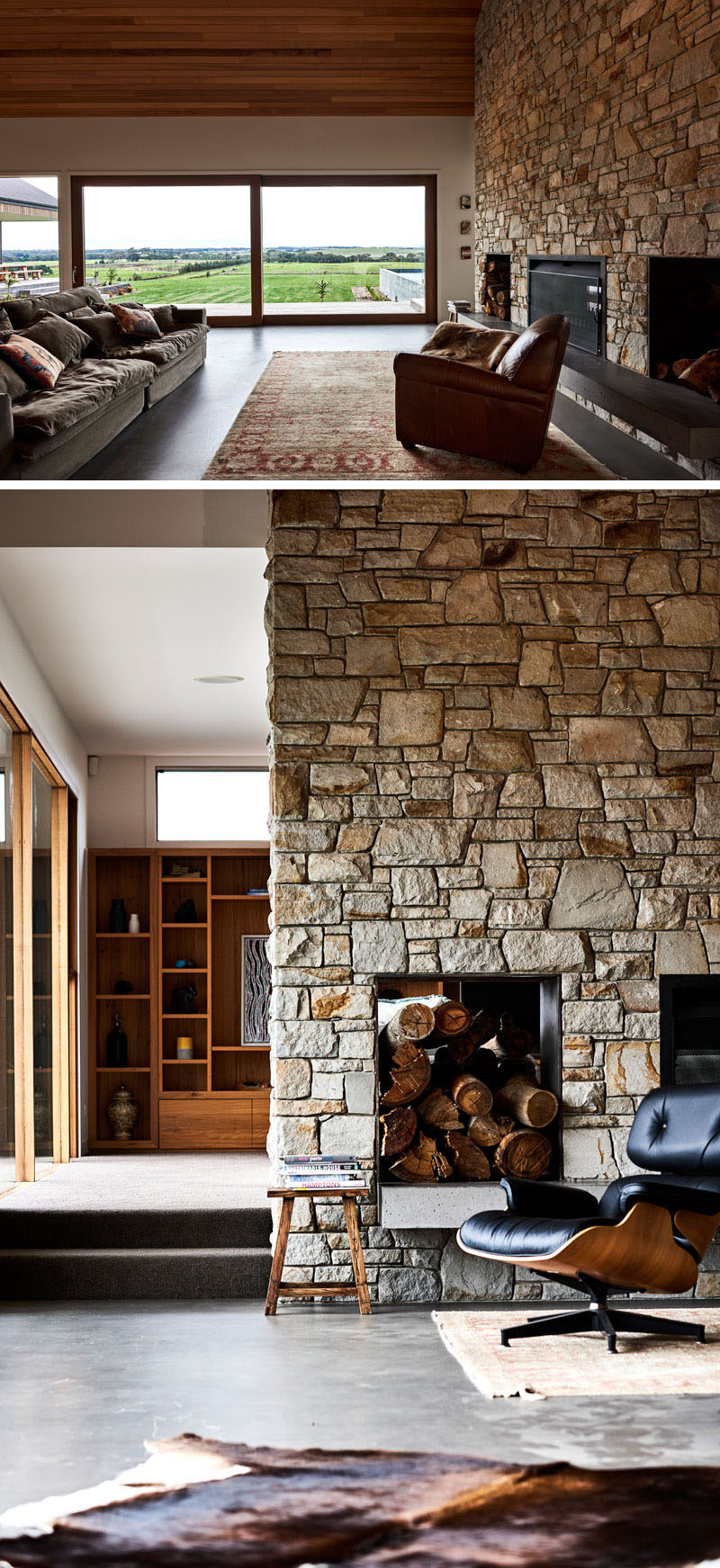 This double-sided fireplace has been crafted out of Mt Angus sandstone, while wood storage with raw steel sheeting have been positioned on each side of the fireplace. #DoubleSidedFireplace #StoneFireplace #InteriorDesign #LivingRoom