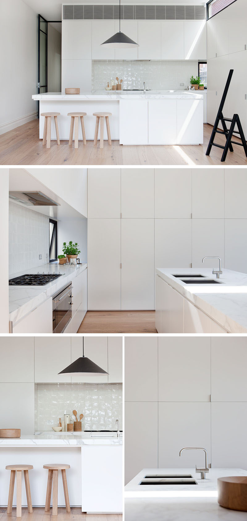 In this modern kitchen, minimalist white cabinets and white tiles match the white island, and keep the space bright and airy. #WhiteKitchen #ModernKitchen #KitchenDesign #WhiteCabinets