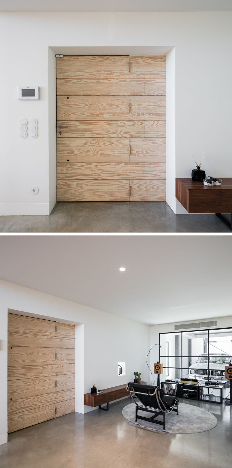 This modern wood front door is tucked into a slight alcove, and beside the front door is a music room. #WoodFrontDoor #FrontDoor #WoodDoor