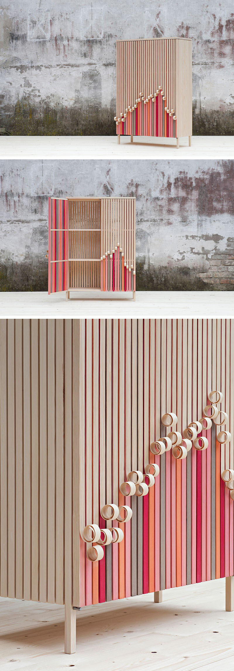 Swedish design firm Stoft Studio, have created the 'Whittle Away' collection that includes a free-standing cabinet and a wall-mounted cabinet, with wood facades that appear to peel away to reveal the colorful form underneath. #ModernFurniture #Cabinets #FurnitureDesign