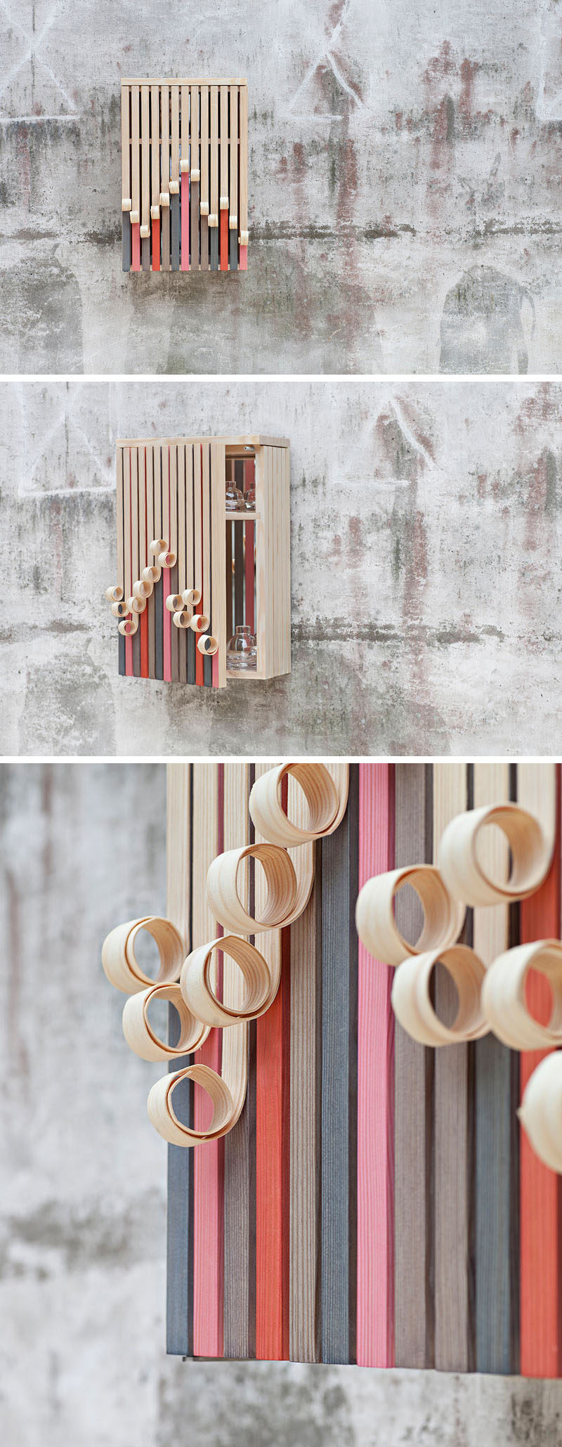 Swedish design firm Stoft Studio, have created the 'Whittle Away' collection that includes a free-standing cabinet and a wall-mounted cabinet, with wood facades that appear to peel away to reveal the colorful form underneath. #ModernFurniture #Cabinets #FurnitureDesign