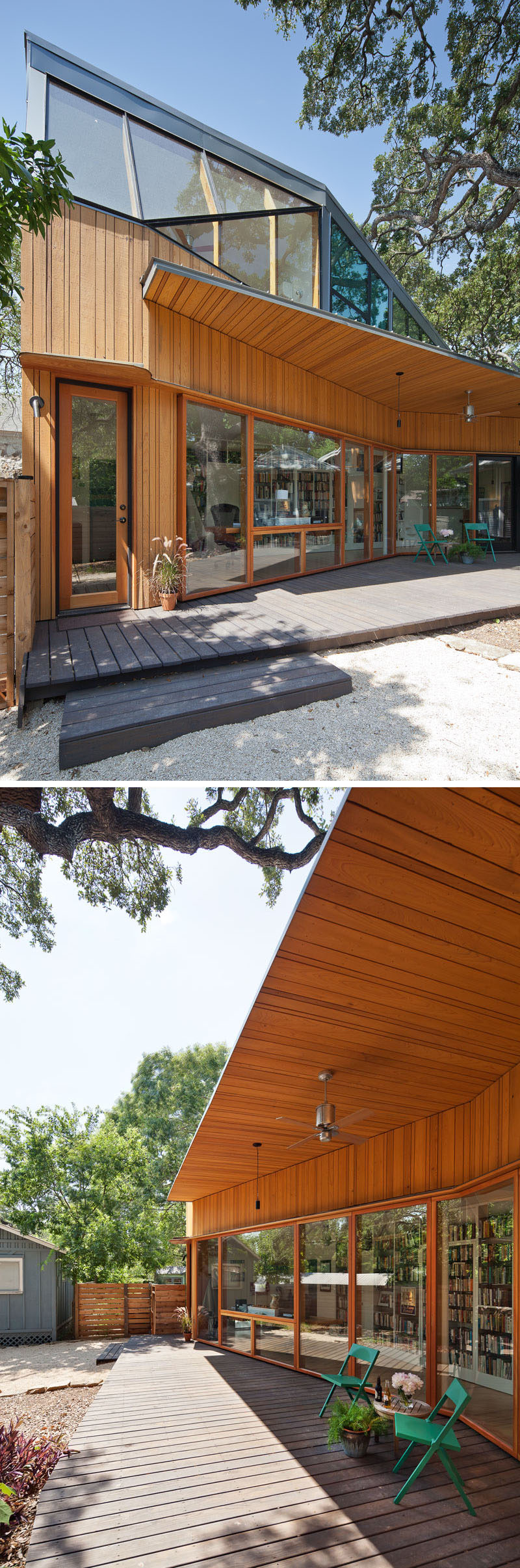 This modern addition has a partially covered deck that runs the length of the addition. The shape of the addition creates a large outdoor space under the tree while also preserving the tree's critical root zone. #ModernAddition #Deck #OutdoorSpace #Backyard