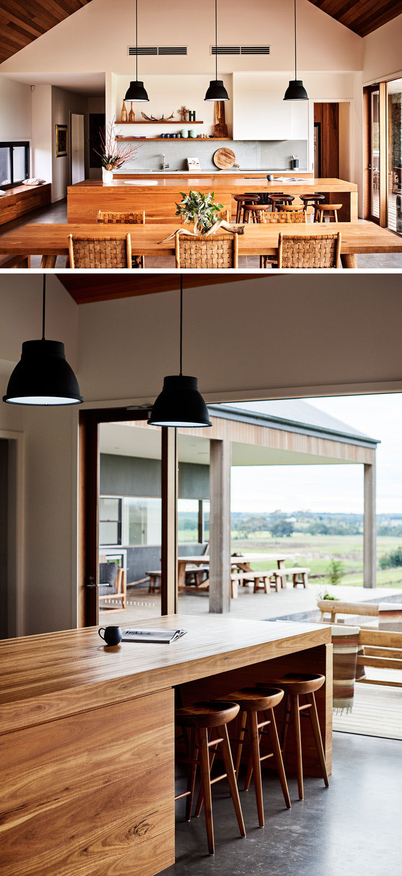 In this modern kitchen, open wood shelving contrasts the white walls, while a large wood island has seating for six. #ModernKitchen #WoodKitchenIsland #InteriorDesign #KitchenDesign