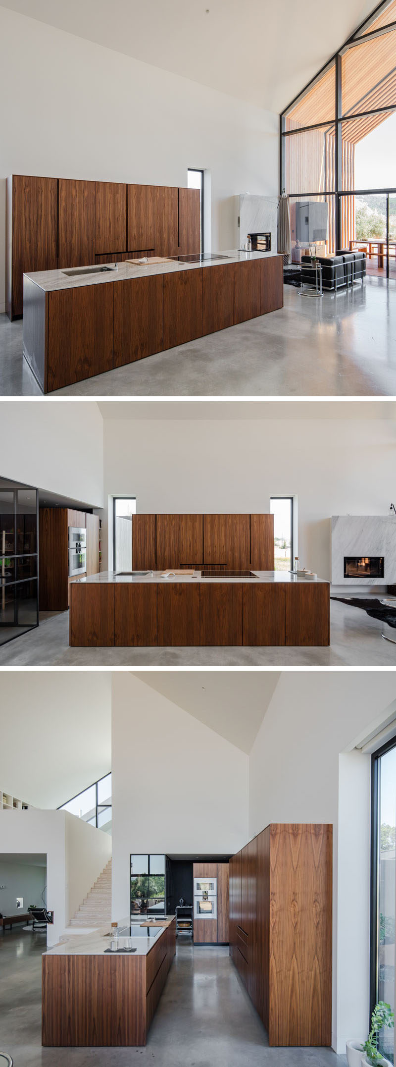 This modern kitchen has wood cabinets with light countertops add a natural element to the mostly white interior. #ModernWoodKitchen #ModernKitchen #KitchenDesign #WoodCabinets