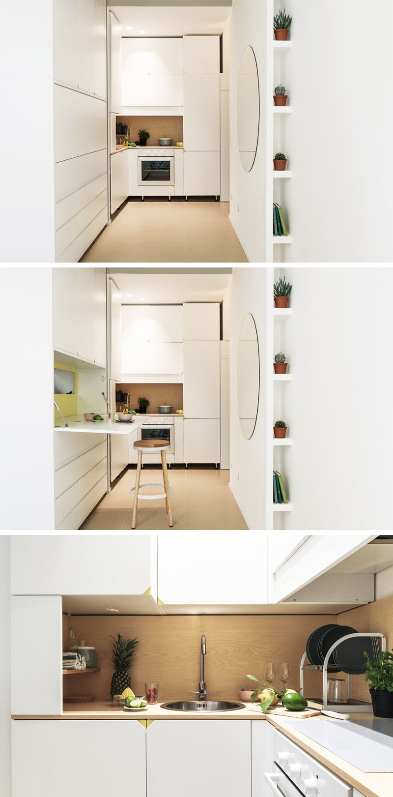 This small apartment kitchen has a row of cabinets with a fold down counter height table that can be used for additional counter space. #SmallKitchen #KitchenDesign