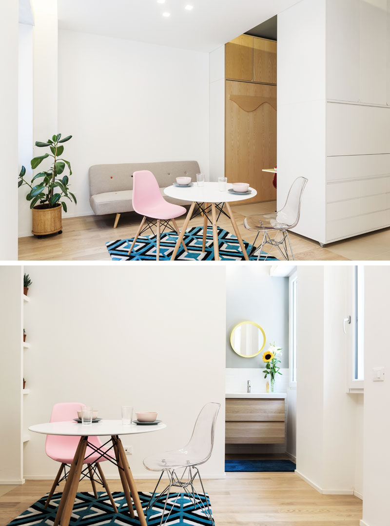 Công ty kiến ​​trúc PLANAIR, đã thiết kế một căn hộ siêu nhỏ rộng 317 foot vuông (29,5 mét vuông) ở Milan, Ý, có bức tường di động với nhiều chức năng khác nhau.  #SmallApartment #ApartmentDesign #InteriorDesign