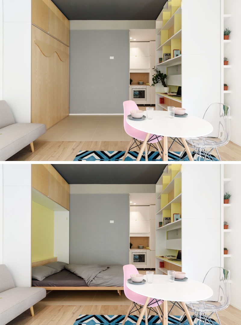 Architecture firm PLANAIR, have designed a small 317 square foot (29.5 sqm) micro apartment in Milan, Italy, that features a movable wall with a variety of functions. #SmallApartment #ApartmentDesign #InteriorDesign #FoldDownBed