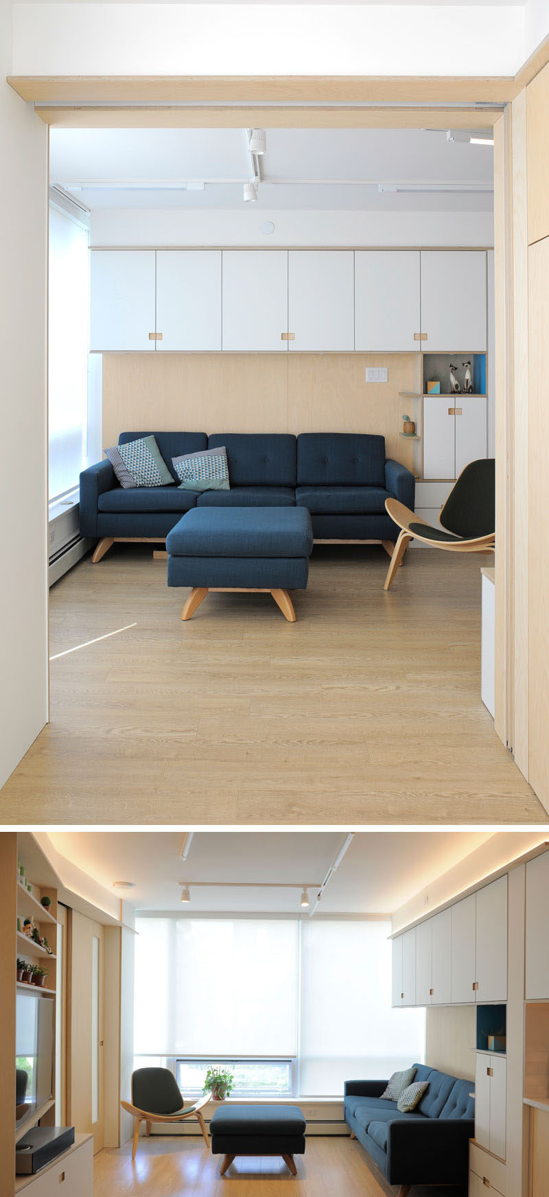 In this small apartment, a row of cabinets was added above the couch to provide additional storage space. #Storage #LivingRoom #Cabinets