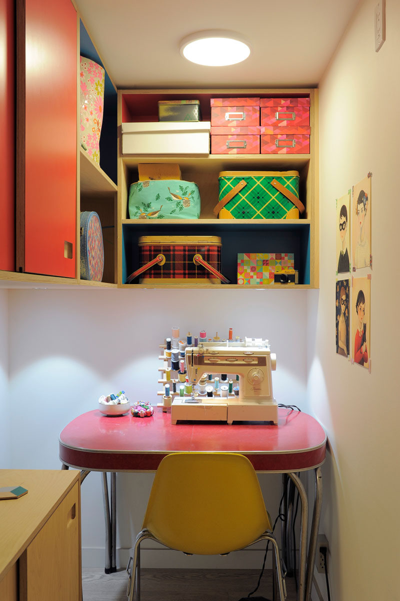 This small storage space in an apartment was turned into a sewing and craft room. #Sewing #CraftRoom #InteriorDesign