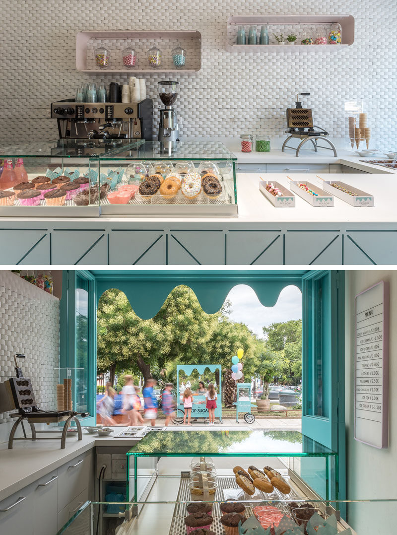 In this small sweet store, white curved tiles have been used to add texture to the interior. #CurvedTiles #RetailStore #StoreDesign #Tiles