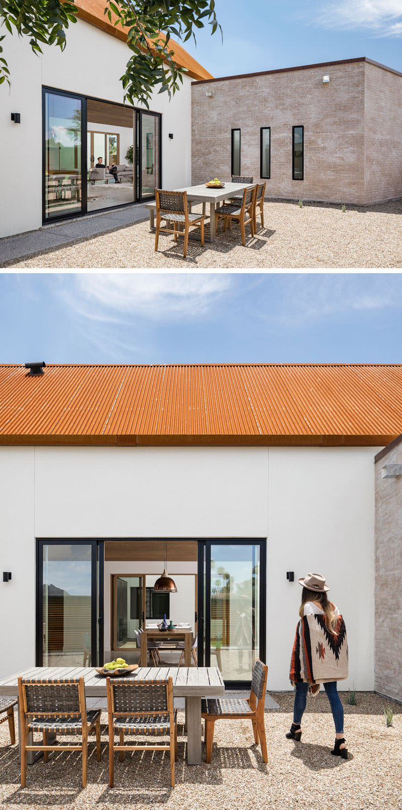 The main living area of this modern house has sliding doors that open up to a courtyard set up for outdoor dining. #OutdoorDining #AlfrescoDining