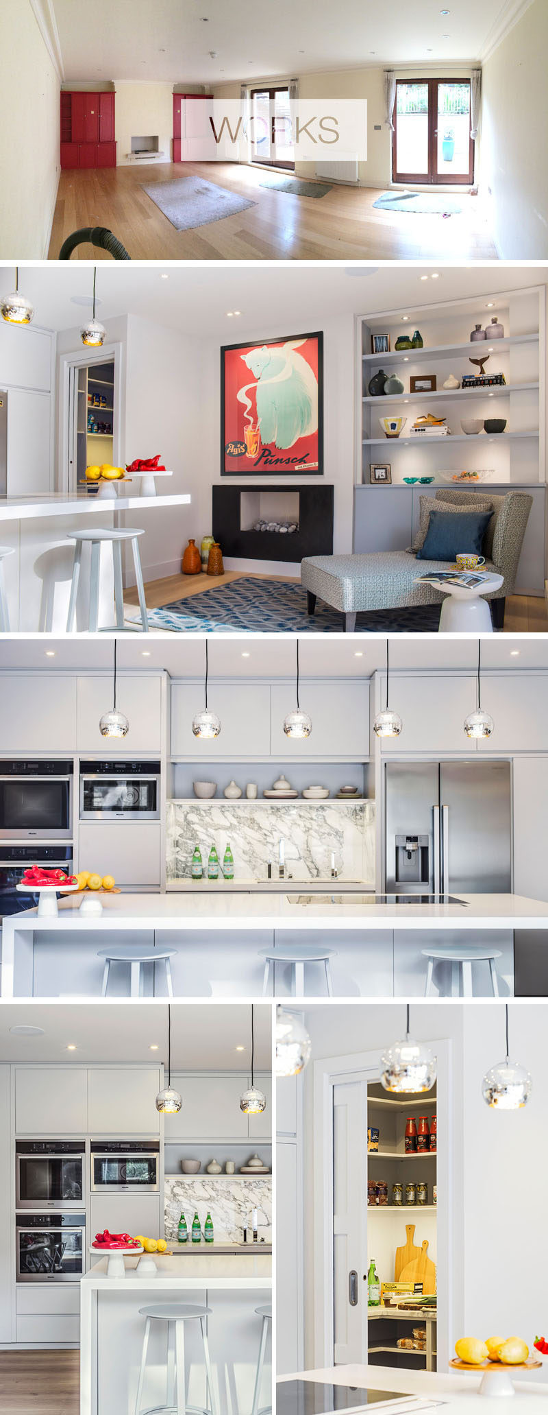 In this large renovated room, a kitchen was installed at one end of the room, with a small sitting area that has a gas ribbon fireplace and built-in display shelving and storage cabinets. A large kitchen island was added and it looks out over the garden, while light colored kitchen cabinets keep the kitchen bright and airy. A separate pantry was added for additional storage. #KitchenDesign #Pantry #ContemporaryKitchen