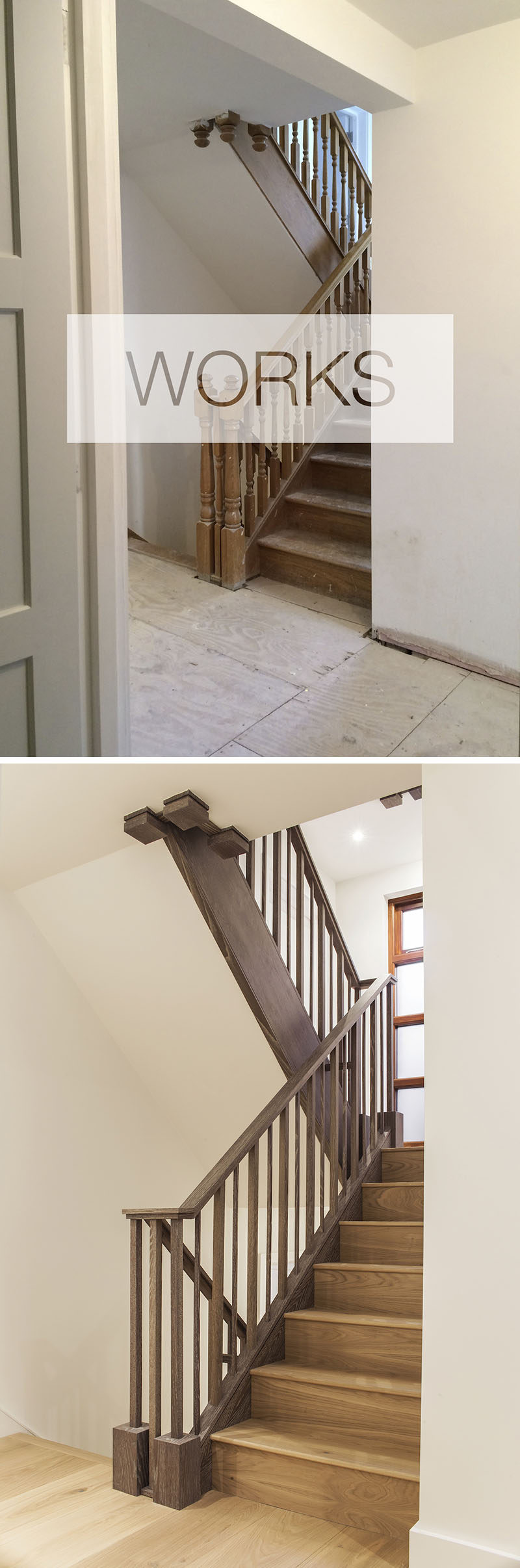 In this contemporary renovation project, the staircase was re-clad in a greyed oak and new spindles, banister rails and newel posts were added. #Stairs #StairDesign #StaircaseRenovation