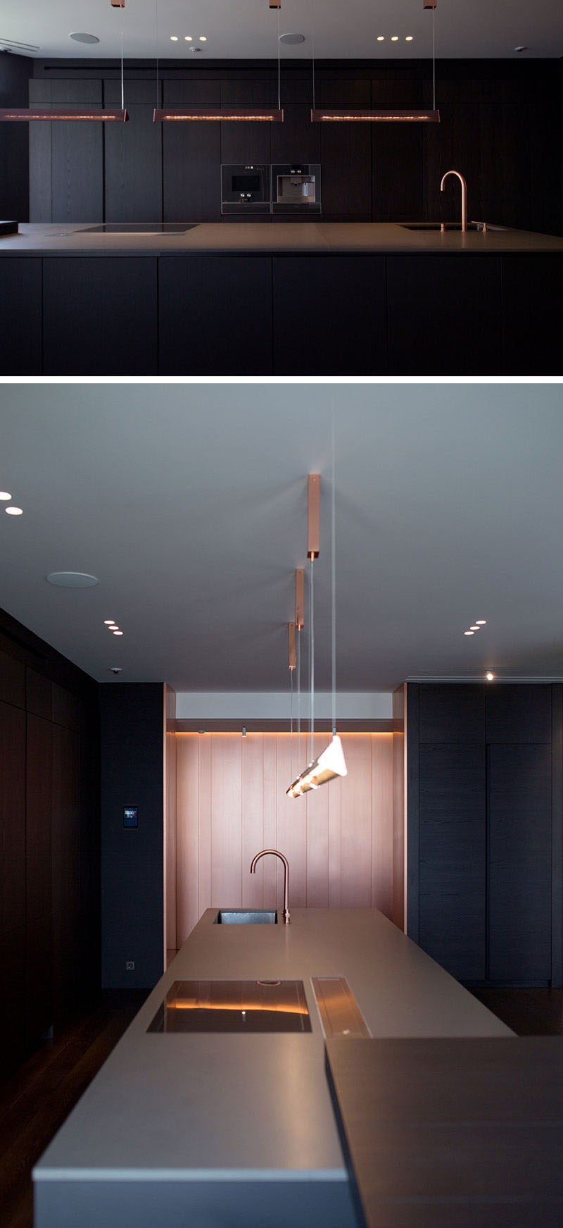 In this modern kitchen, black cabinetry is paired with copper details like wall panels, lighting and the faucet to create a bold and contemporary appearance. #BlackKitchen #Copper #ModernKitchen