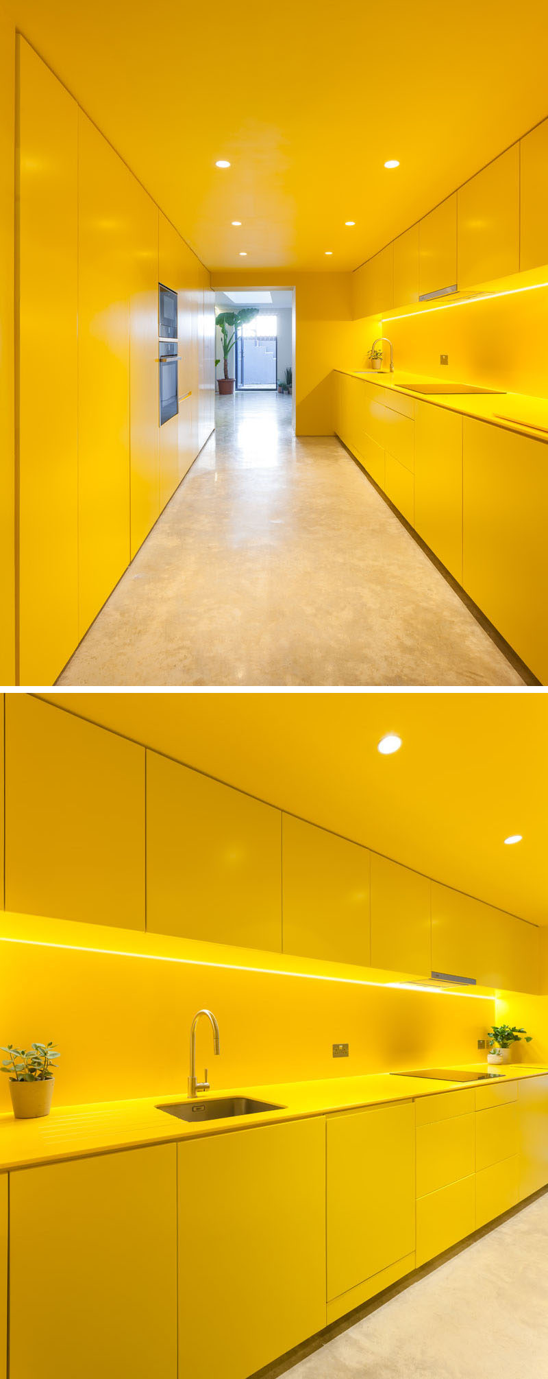 This modern kitchen has bright yellow minimalist, hardware free cabinets that complement the yellow ceiling, countertops and backsplash. #YellowKitchen #ModernKitchen #KitchenDesign