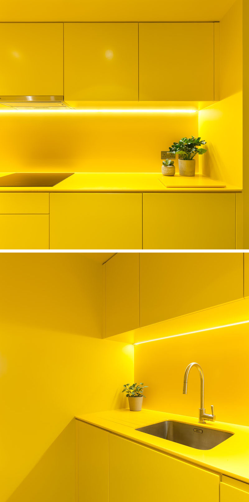 This modern kitchen has bright yellow minimalist, hardware free cabinets that complement the yellow ceiling, countertops and backsplash. #YellowKitchen #ModernKitchen #KitchenDesign